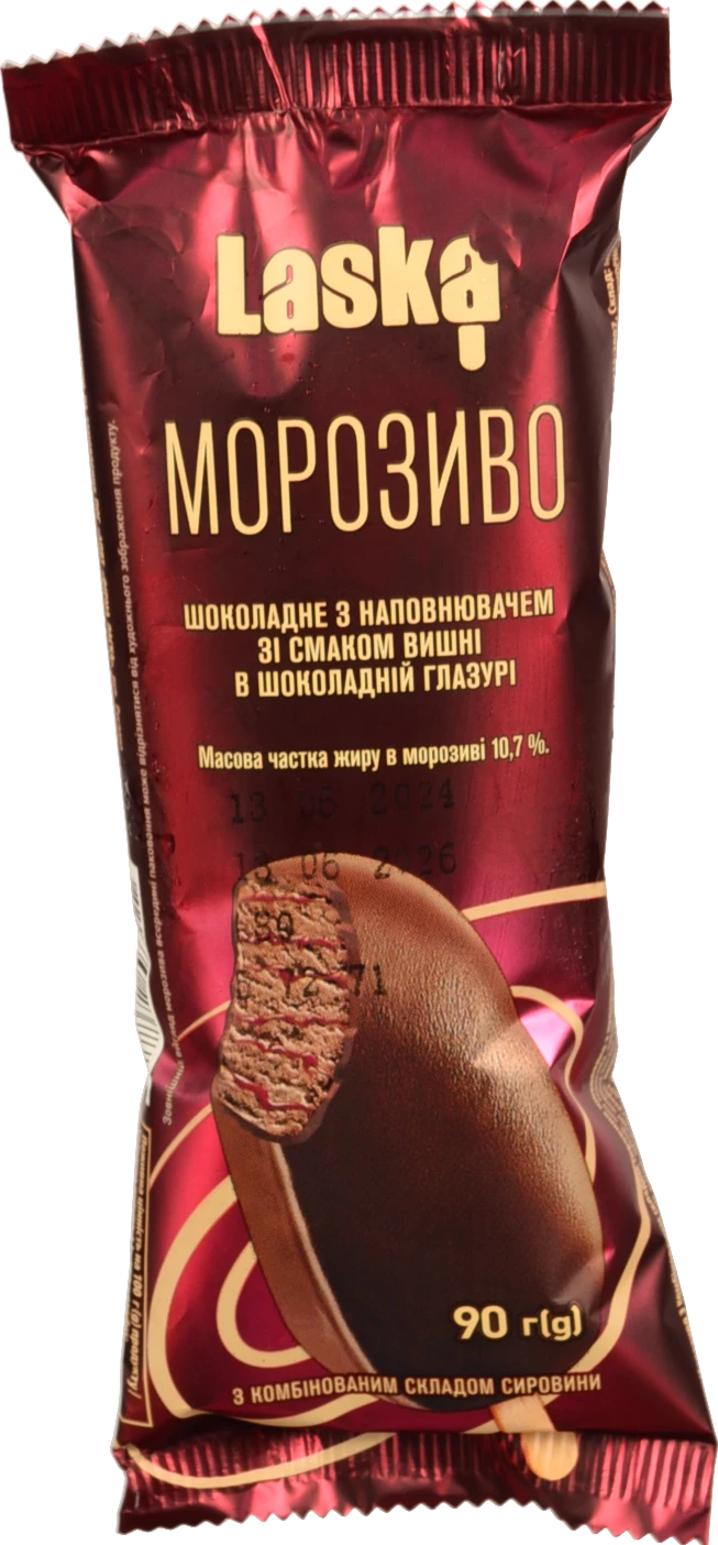 Морозиво Ласка 90г ескімо шоколадне смак вишні в шоколадній глазурі