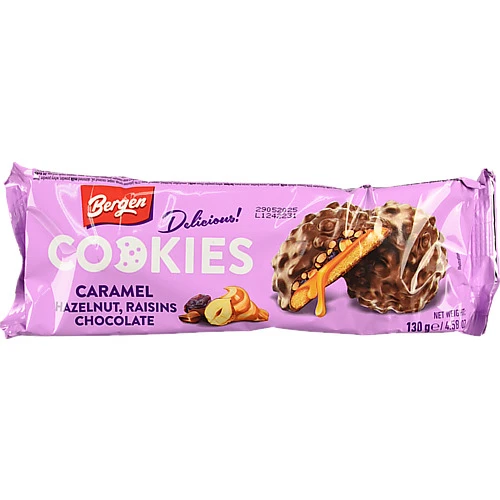 Печиво Bergen Cookies 130г Карамель, Фундук, Родзинки та Шоколад