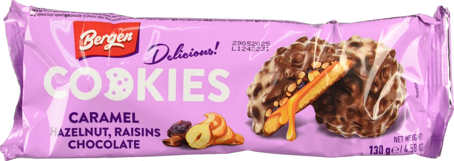 Печиво Bergen Cookies 130г Карамель, Фундук, Родзинки та Шоколад