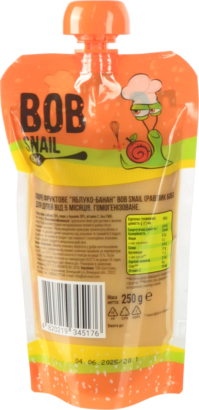 Пюре для дітей від 5міс фруктове Яблуко-банан Baby Bob Snail д/п 250г