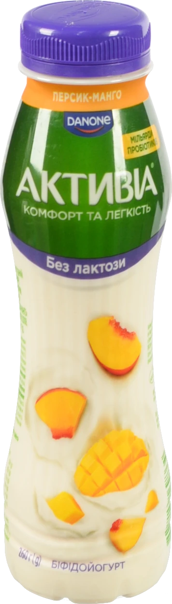 Біфідойогурт Активіа 260г 0.8% персик-манго безлактозний пет