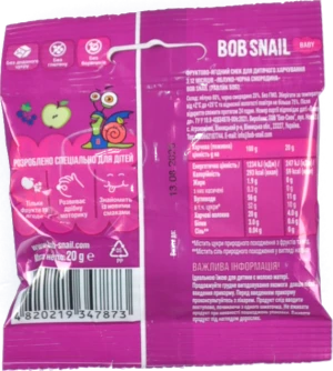 Снек фруктово-ягідний для дітей від 12міс Apple-black-currant Baby Bob Snail м/у 20г