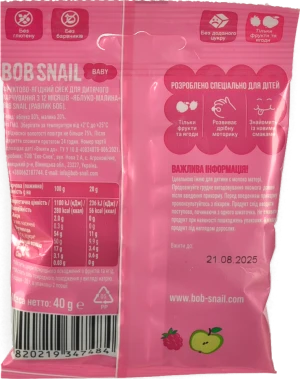 Снек фруктовий для дітей від 12міс Apple-raspberry Baby Bob Snail м/у 40г