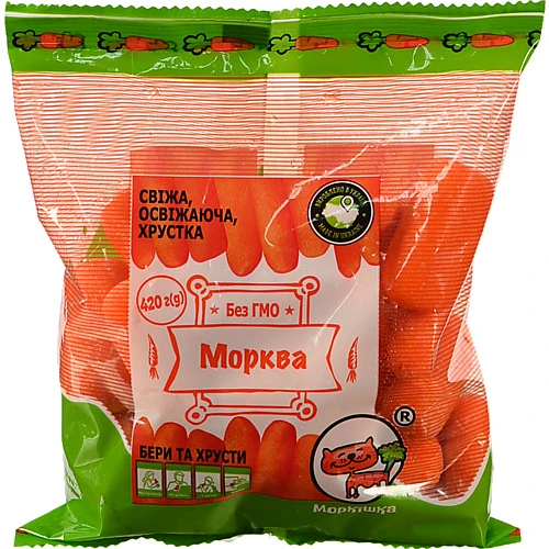 Морква «Моркішка» свіжа мита, очищена у вигляді паличок, фасована, ТМ Полтава-Сад, 420 г