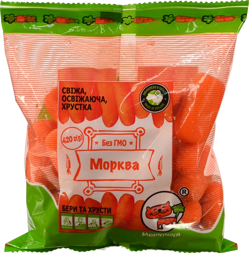 Морква «Моркішка» свіжа мита, очищена у вигляді паличок, фасована, ТМ Полтава-Сад, 420 г