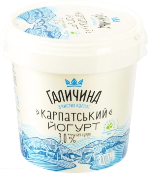 Йогурт Галичина Карпатський 3% жирності, без цукру (відро 1000г)