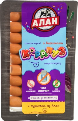 Сосиски «Алан» «Карапуз» з вершками вищого ґатунку, варені, 240 г