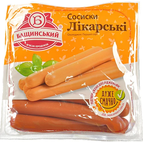 Сосиски «Бащинський» «Лікарські» варені, першого ґатунку, 300 г