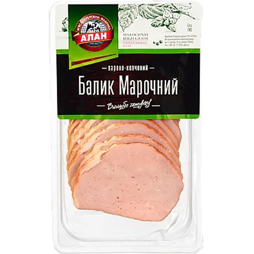 Балик “Марочний” ТМ “Алан”, нарізка копчено-варений, вищий ґатунок, вакуумна упаковка