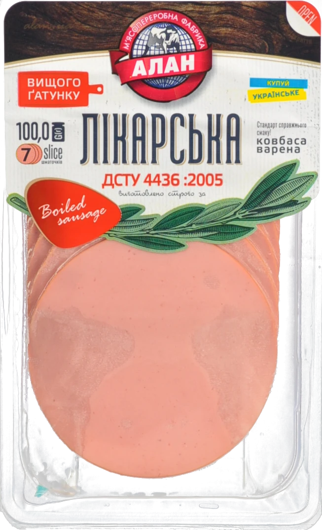 Ковбаса варена Лікарська Алан лоток 100г