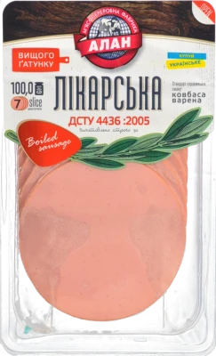 Ковбаса варена Лікарська Алан лоток 100г