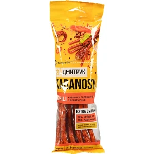 Ковбаски «Dmytruk Kabanosy Chili» варено-копчені зі свинини з перцем чилі 80 г