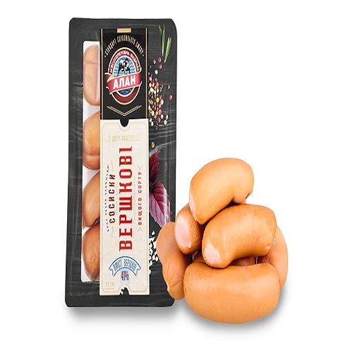 Сосиски «Алан» «Вершкові» необгорнуті, вищого ґатунку, Flow-пак