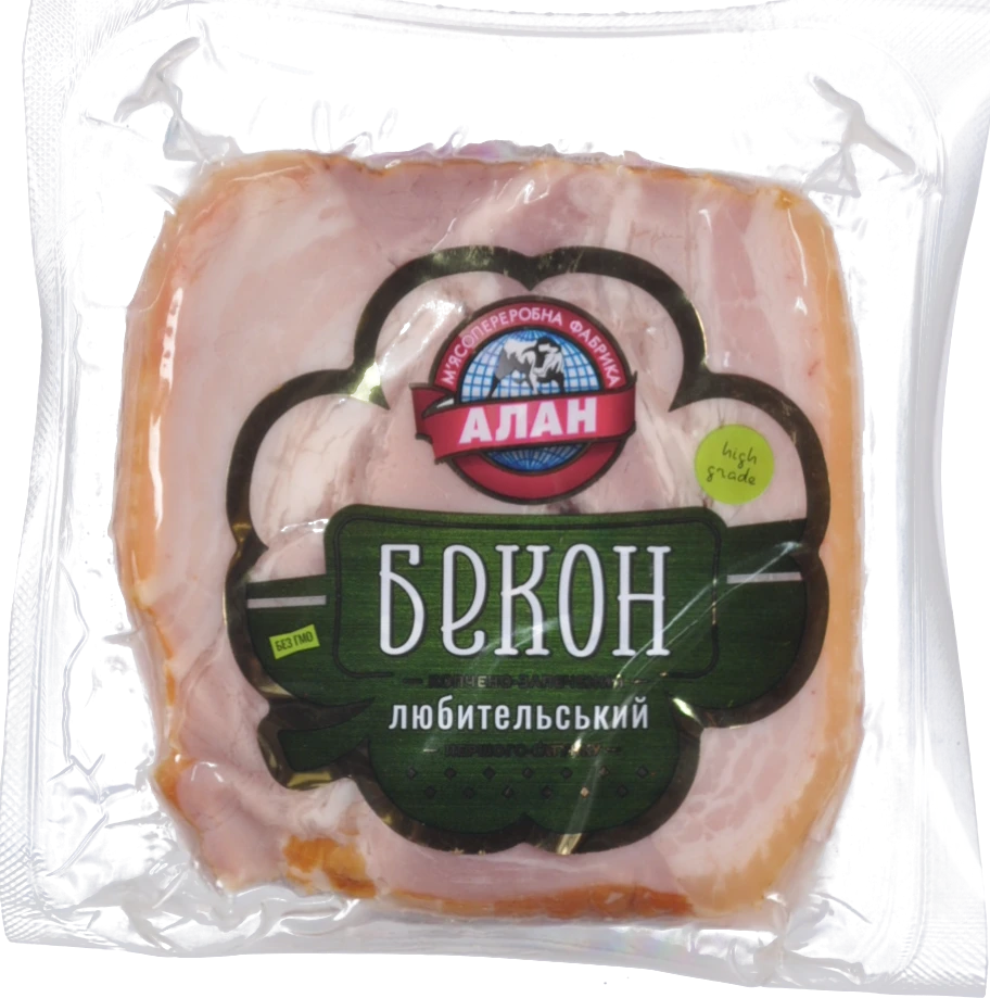 Бекон любительський “Алан” копчено-запечений, порційний, вищий гатунок