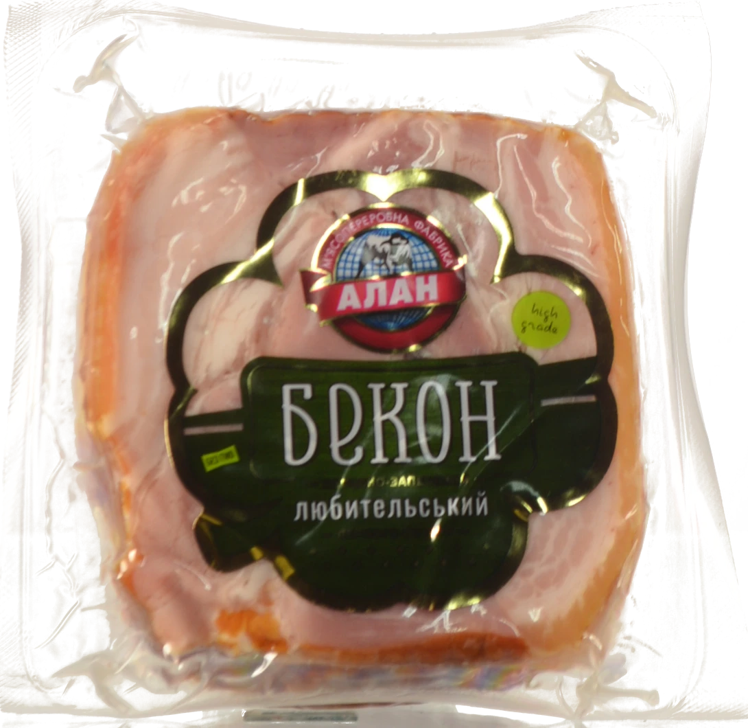 Бекон любительський “Алан” копчено-запечений, порційний, вищий гатунок
