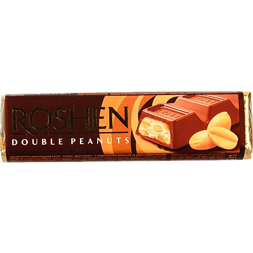 Шоколадний батончик Roshen Double Peanuts молочно-шоколадний з подрібненим арахісом та арахісовим кремом, 39 г