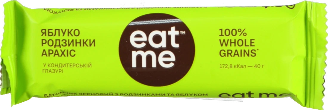 Батончик у чорній кондитерській глазурі Родзинки яблуко арахіс та злаки EatMe м/у 40г