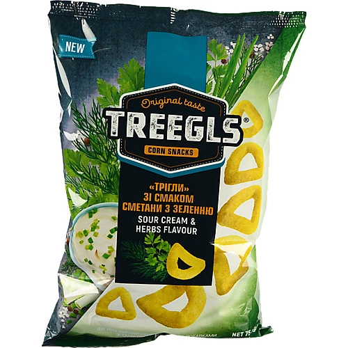 Снеки кукурудзяні Treegls 75г сметана зелень
