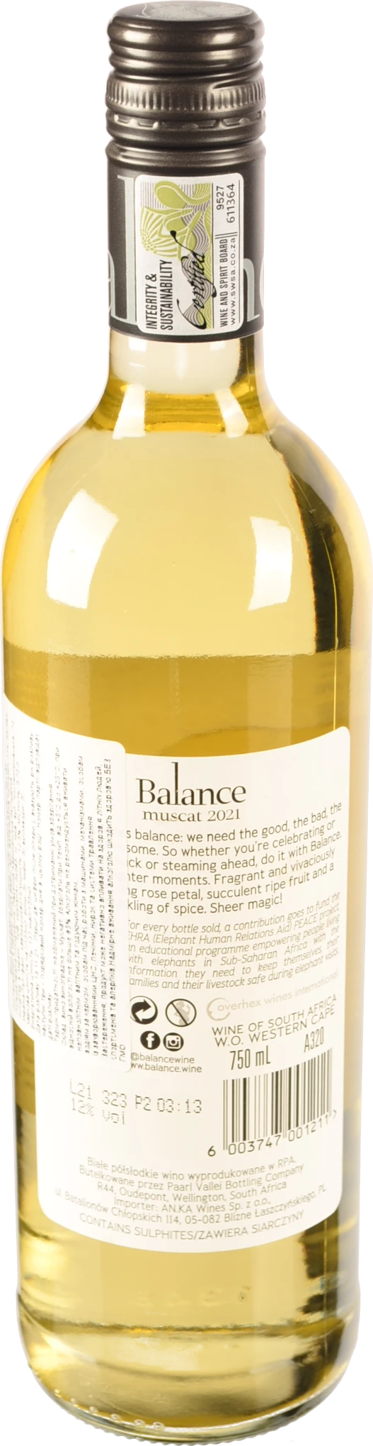 Вино Balance 0.75л 12% мускат біле напівсолодке PGI