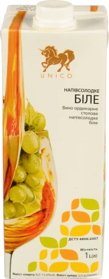 Вино Unico 1л напівсолодке біле т.пак