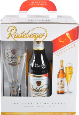 Набір подарунковий Radeberger Пиво світле фільтроване пастеризоване 4.8% 5*0.33л + бокал 0.2л