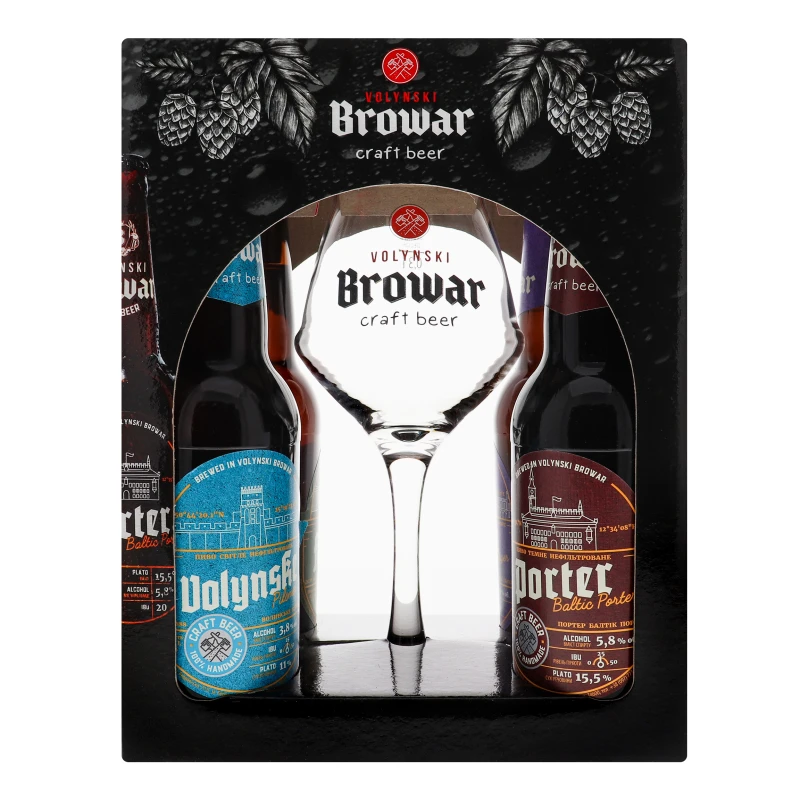 Подарунковий набір крафтового пива «Volynski Browar» Weizen / Volynske / Porter / Forest IPA з келихом Sommelier, 4 × 0,4 л