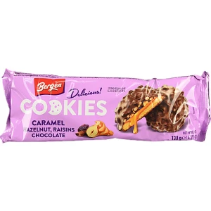Печиво Bergen Cookies 130г Карамель, Фундук, Родзинки та Шоколад