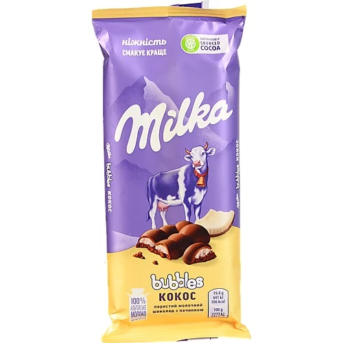 Шоколад молочний пористий Кокос Bubbles Milka м/у 97г