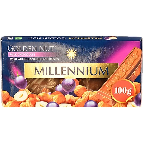 Шоколад молочний з цілими лісовими горіхами та родзинками Gold Millennium к/у 100г