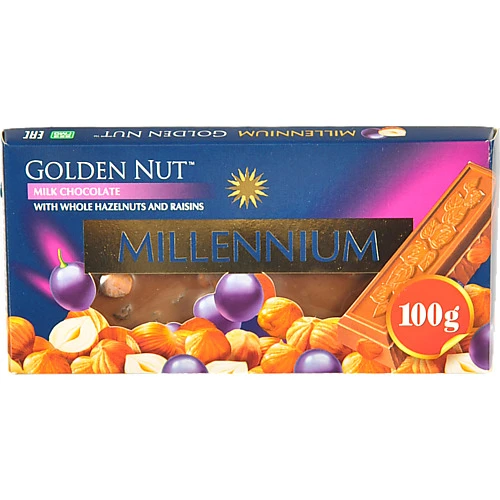Шоколад молочний з цілими лісовими горіхами та родзинками Gold Millennium к/у 100г