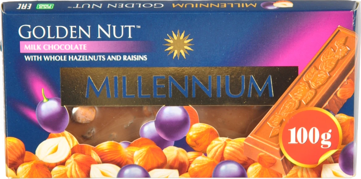 Шоколад молочний з цілими лісовими горіхами та родзинками Gold Millennium к/у 100г