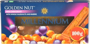 Шоколад молочний з цілими лісовими горіхами та родзинками Gold Millennium к/у 100г