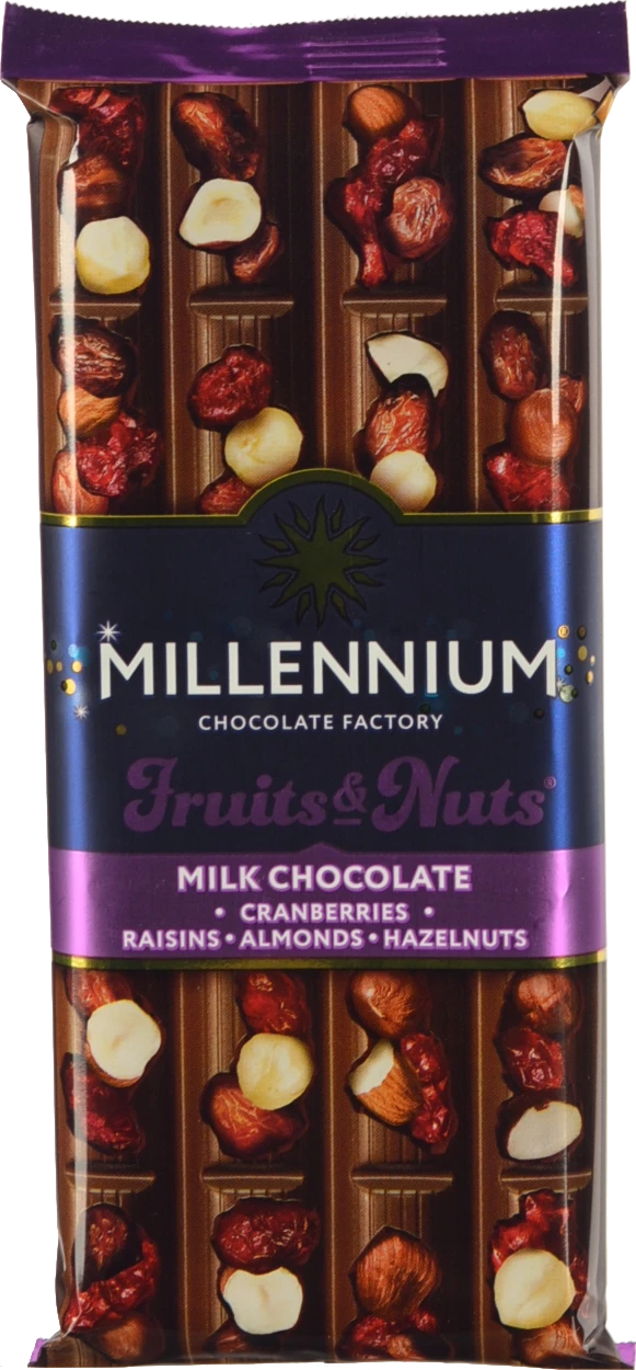 Шоколад молочний з мигдалем цілими лісовими горіхами журавлиною та родзинками Fruits&Nuts Millennium м/у 90г
