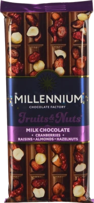 Шоколад молочний з мигдалем цілими лісовими горіхами журавлиною та родзинками Fruits&Nuts Millennium м/у 90г