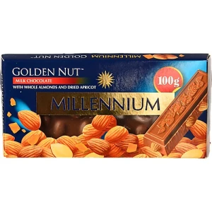 Шоколад молочний з цілим мигдалем та курагою Golden Nut Millennium к/у 100г