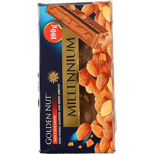 Шоколад молочний з цілим мигдалем та курагою Golden Nut Millennium к/у 100г
