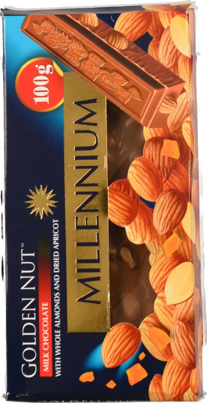 Шоколад молочний з цілим мигдалем та курагою Golden Nut Millennium к/у 100г