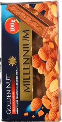 Шоколад молочний з цілим мигдалем та курагою Golden Nut Millennium к/у 100г