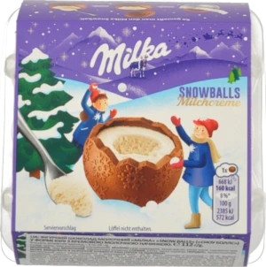 Шоколад фігурний молочний з кремовою молочною начинкою Snow balls Milka к/у 4x28г