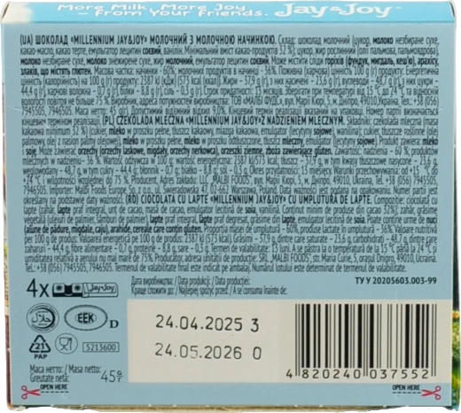 Шоколад Millennium JayJoy молочний з молочною начинкою 45г