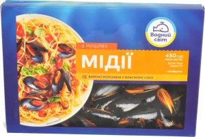 Мідії у раковинах у власному соку Водний світ в/м к/у 450г