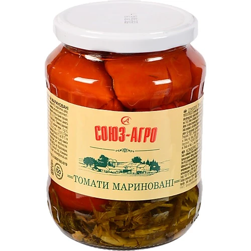 Томати Союз Агро 660г мариновані з зеленю