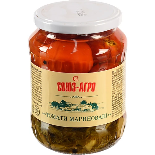 Томати Союз Агро 660г мариновані з зеленю