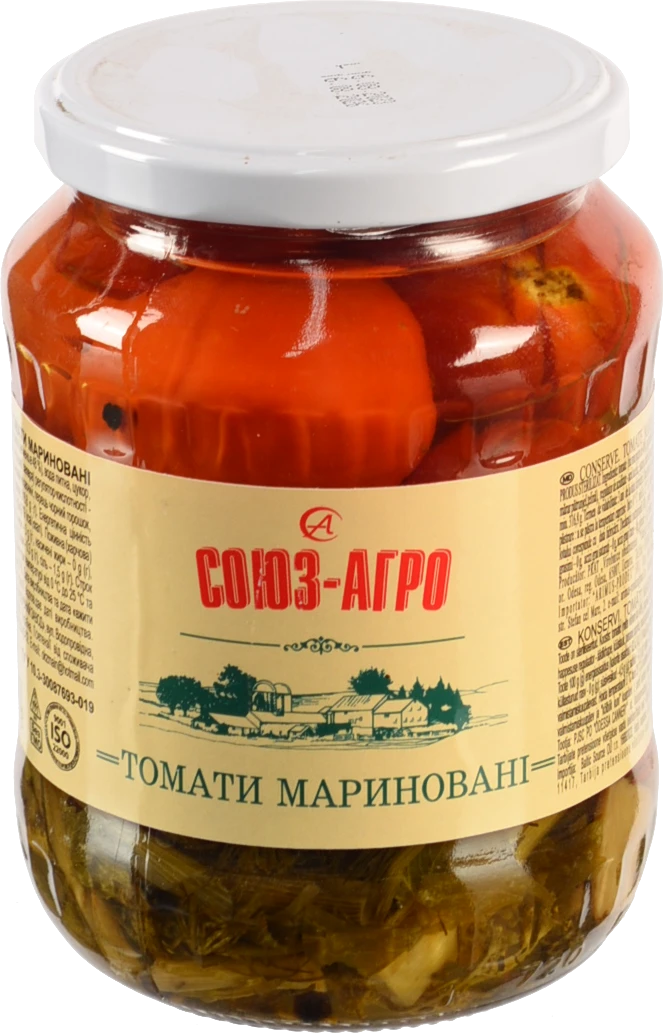 Томати Союз Агро 660г мариновані з зеленю