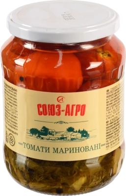 Томати Союз Агро 660г мариновані з зеленю
