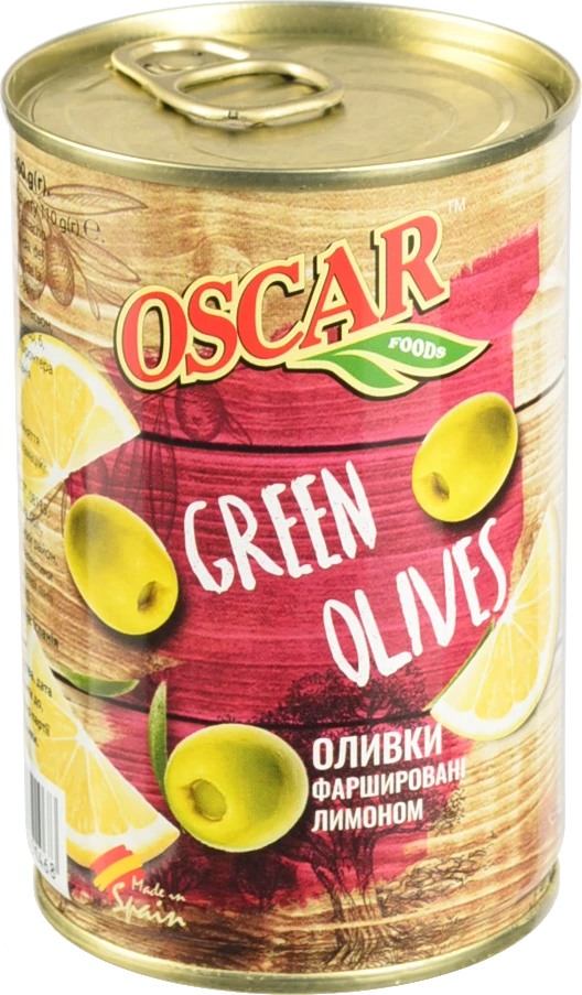 Оливки Oscar зелені фаршировані лимоном ж/б 300г/314мл