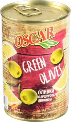 Оливки Oscar зелені фаршировані лимоном ж/б 300г/314мл