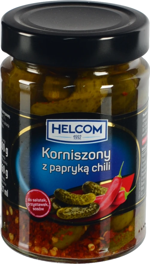 Корнішони Helcom 327мл з перцем чилі