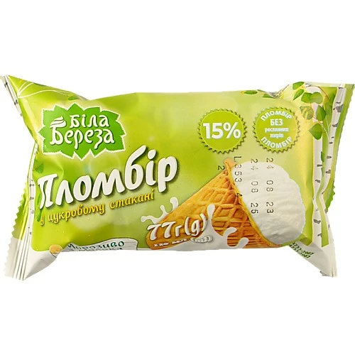 Морозиво 15% у цукровому стаканчику Пломбір Біла Береза м/у 77г
