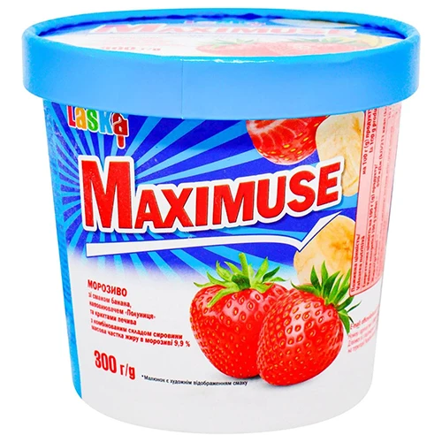 Морозиво Ласка Максимус зі смаком банана та полуниці 300г